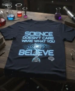 SCIENCE DOESN'T CARE WARE text design featuring detailed typography on quality t-shirt