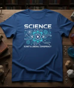 Science Is Not A Liberal Conspiracy T-Shirt featuring an atomic symbol and circuit board design. Pro-science quote on a blue