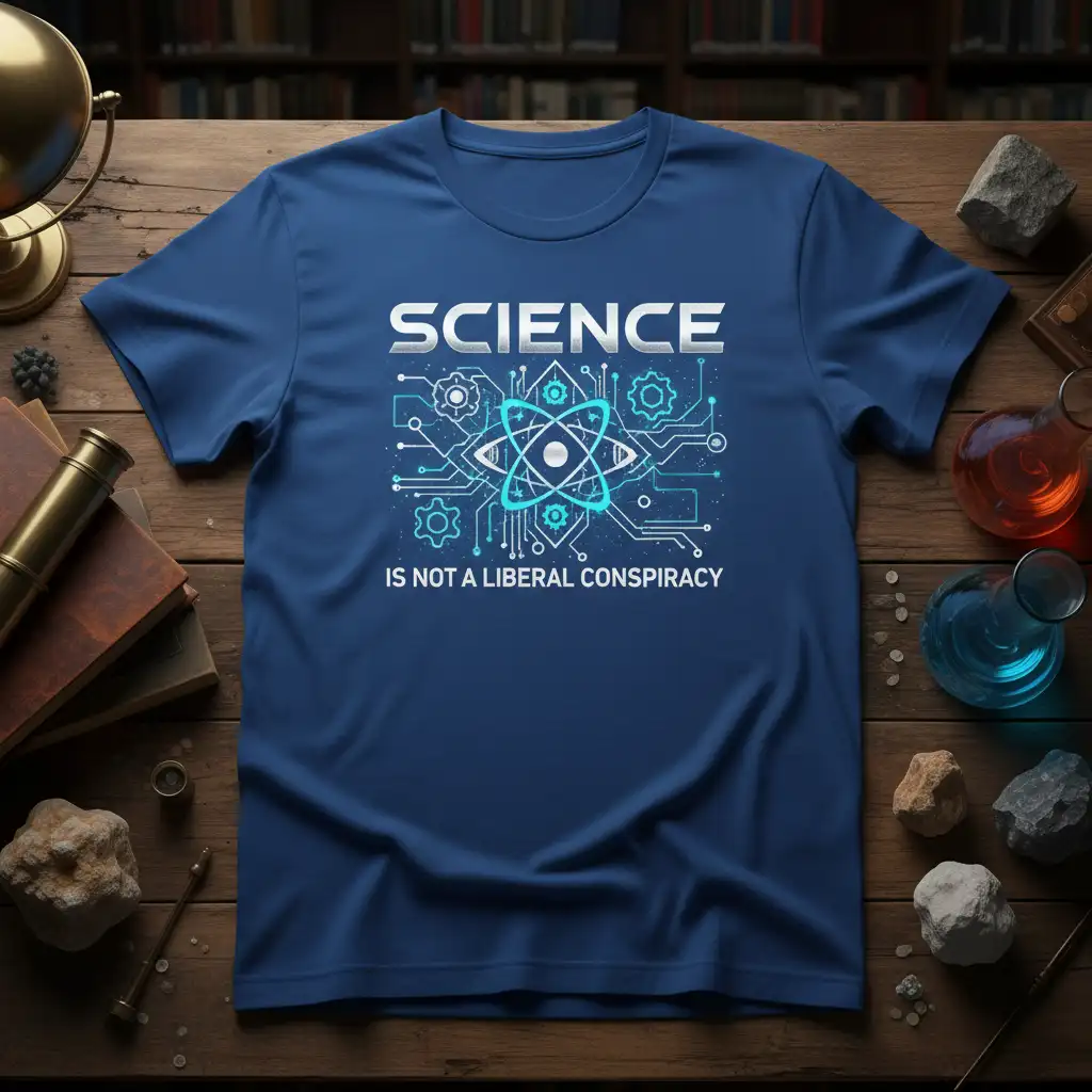 Science Is Not A Liberal Conspiracy quote on a blue t-shirt with atomic and circuit board graphic