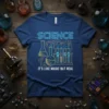 Science It's Like Magic But Real quote with beaker and test tube graphic on a blue t-shirt