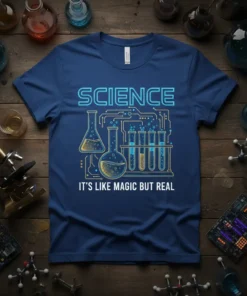Science It's Like Magic But Real quote with beaker and test tube graphic on a blue t-shirt