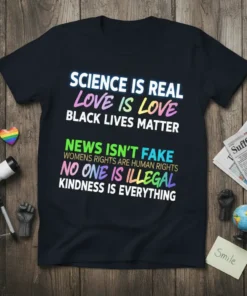 SCIENCE IS REAL LOVE text design featuring stylish typography on quality t-shirt