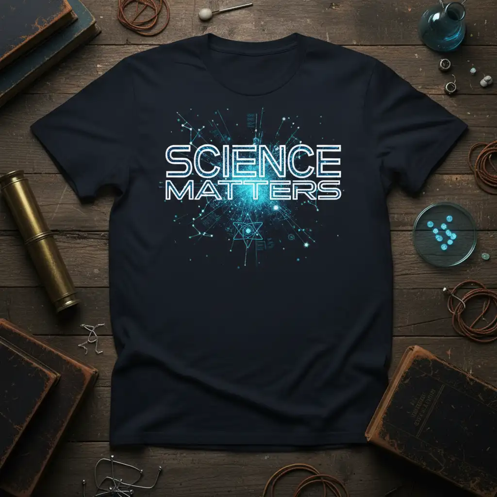 Science Matters quote with glowing atomic and cosmic graphics on a dark t-shirt