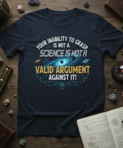 Navy t-shirt with "Your Inability To Grasp Is Not A Science Is Not A Valid Argument Against It!" quote and