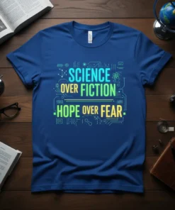 Science Over Fiction Hope Over Fear quote on a blue t-shirt with circuit board graphics and futuristic font