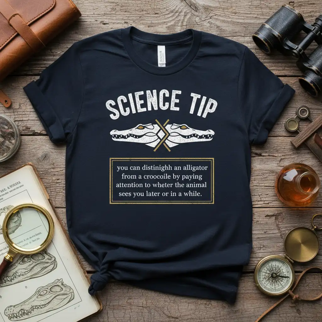 SCIENCE TIP you can distinighh an alligator from a croocoile humorous quote on navy tee