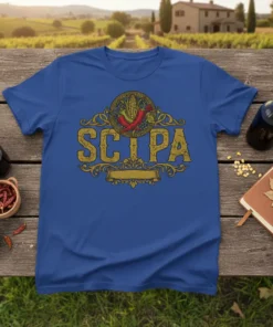 SCIPA text in distressed gold font with circular corn and chili pepper graphic on a royal blue t-shirt