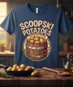 Scoopski Potatoes text above a wooden barrel overflowing with potatoes, on a navy blue t-shirt