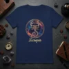 Scorpio zodiac sign graphic t-shirt with a detailed scorpion illustration and the word "Scorpio" in gold script