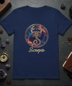 Scorpio zodiac sign graphic t-shirt with a detailed scorpion illustration and the word "Scorpio" in gold script