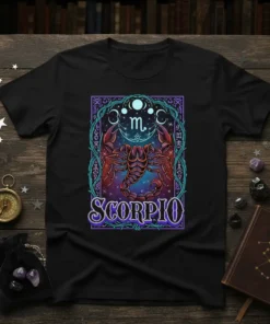 Scorpio T-Shirt with a detailed scorpion graphic and celestial moon phases, featuring the word Scorpio in bold lettering