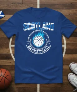 Scotland Basketball T-Shirt design featuring the Scottish flag colors, a basketball engulfed in blue flames, and bold text "SCOTLAND BASKETBALL"