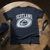 Scotland Curling T-Shirt design featuring the word SCOTLAND above a curling stone with the Scottish flag and celtic knot border