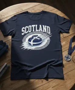 Scotland Curling T-Shirt design featuring the word SCOTLAND above a curling stone with the Scottish flag and celtic knot border