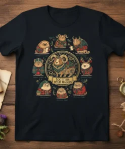 Scottish Wild Haggis t-shirt design featuring a central ram surrounded by various cute, stylized haggis characters in traditional Scottish attire