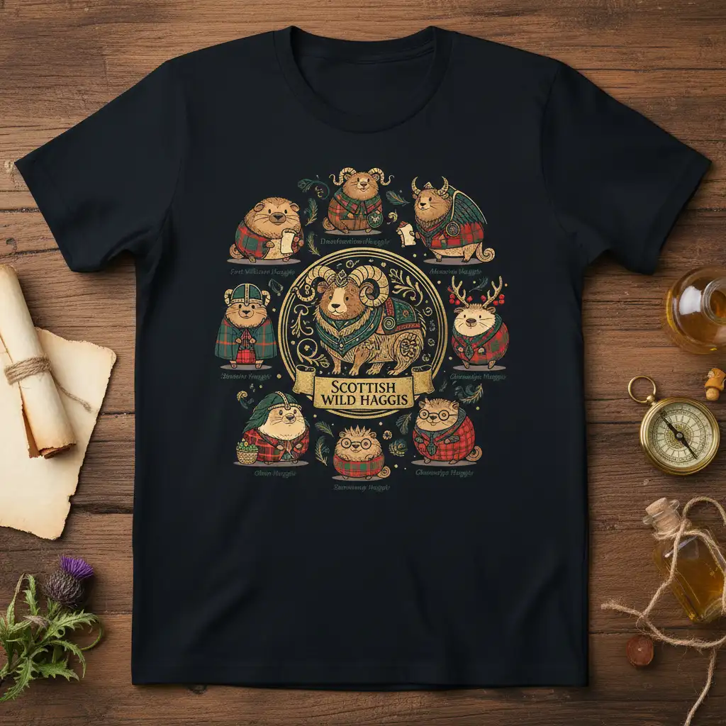 Scottish Wild Haggis t-shirt featuring a central ram and a circle of diverse haggis characters in plaid and tartan, celebrating Scottish folklore