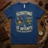Scouting Is Intents T-Shirt with campfire and tent graphics, featuring the words Explore Discover Adventure
