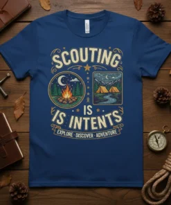 Scouting Is Intents T-Shirt with campfire and tent graphics, featuring the words Explore Discover Adventure