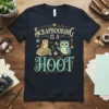 Scrapbooking IS A HOOT t-shirt with cute owls sitting on books and a branch, featuring playful typography