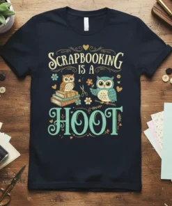 Scrapbooking IS A HOOT t-shirt with cute owls sitting on books and a branch, featuring playful typography