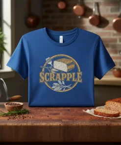 Scrapple T-Shirt featuring a vintage circular design with the word SCRAPPLE, a slice of scrapple in a pan, and herbs