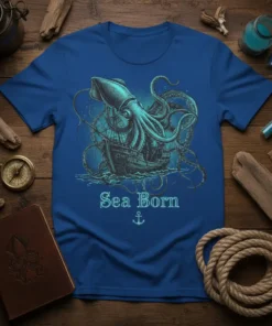 Sea Born t-shirt design with a kraken attacking a ship, featuring nautical anchor graphic and text
