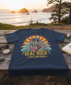 Seal Rock State Wayswide t-shirt featuring a cool walrus wearing sunglasses with waves and a sunburst graphic