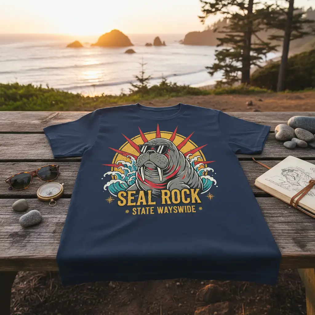 Seal Rock State Wayswide t-shirt design featuring a sunglasses-wearing walrus, ocean waves, and sunburst graphic