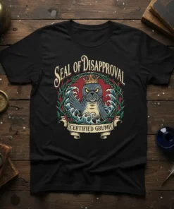 Seal of Disapproval Certified Grump T-Shirt featuring a crowned seal in waves and vines