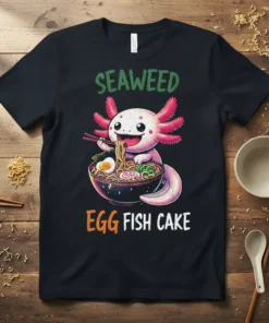 Cute axolotl eating ramen with text "SEAWEED EGG FISH CAKE" on a black t-shirt