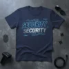 Navy blue t-shirt with "SECURITY SECURITY" text in blue and silver, featuring circuit board graphics