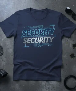Navy blue t-shirt with "SECURITY SECURITY" text in blue and silver, featuring circuit board graphics