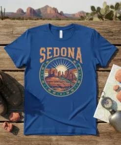 Sedona vintage landscape t-shirt with desert mountains and sun graphic, Arizona travel souvenir