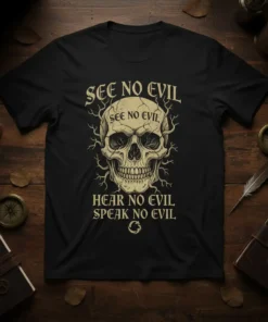 Black t-shirt with "See No Evil Hear No Evil Speak No Evil" text and a detailed skull graphic, featuring gothic
