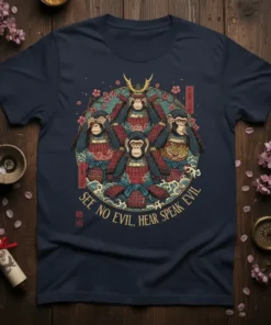 Three wise monkeys in samurai armor covering eyes, ears, and mouth, with text "See No Evil, Hear Speak Evil"