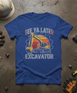 See Ya Later Excavator t-shirt with a yellow excavator graphic and sunset background