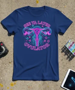 See Ya Later Ovulator feminist t-shirt design with neon uterus graphic and circuit board details