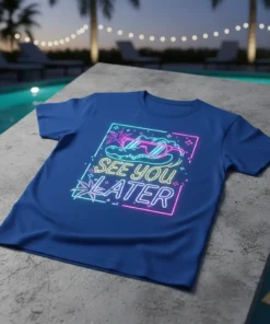 Neon graphic t-shirt with the text "SEE YOU LATER" featuring a cool alligator wearing sunglasses and palm leaves