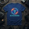 Blue t-shirt with "See The Spectrum" text and a colorful circular graphic featuring a satellite dish