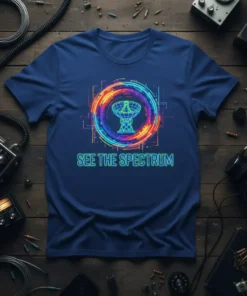 Blue t-shirt with "See The Spectrum" text and a colorful circular graphic featuring a satellite dish