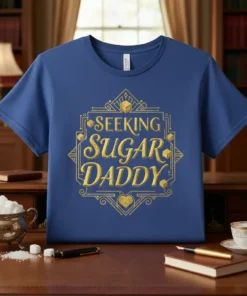 Seeking Sugar Daddy humorous quote t-shirt with gold art deco design and playful text