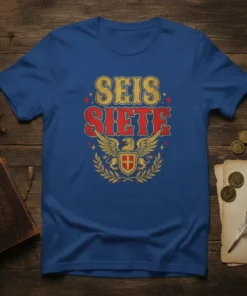 Blue t-shirt with gold and red "SEIS SIETE" text and an eagle crest with a shield