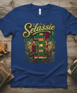 Selassie 1 t-shirt design with Rastafarian colors, lion graphics, and bold typography