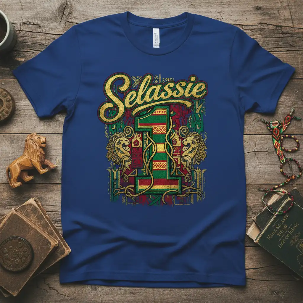 Vibrant Selassie 1 design on a t-shirt featuring Rastafarian colors, lions, and bold lettering