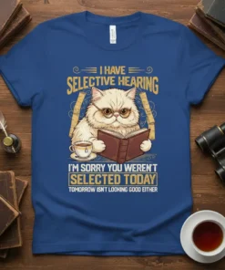 I HAVE SELECTIVE HEARING cat reading a book quote t-shirt design in yellow and blue text with a fluffy cat