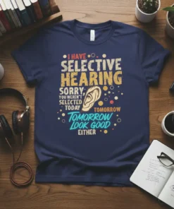 T-shirt with the text "I Have Selective Hearing, Sorry, You Weren't Selected Today. Tomorrow Look Good Either" and an ear