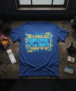 Blue t-shirt with neon-style text: "SELF-CHECK OUT EMPLOYEE OF THE MONTH (SOMEONE PAY ME)"