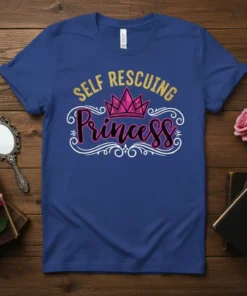 Self Rescuing Princess T-Shirt with pink crown graphic and glitter gold text