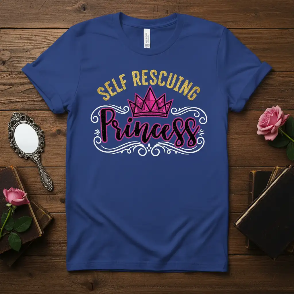 Self Rescuing Princess quote t-shirt with pink crown and glitter gold text, celebrating independence