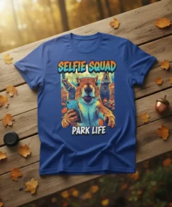 Selfie Squad Park Life t-shirt design with a group of squirrels taking a selfie with a smartphone